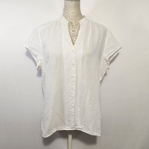 Edward Women's Size Large White Linen Short Cap Sleeve Button Down Shirt Casual